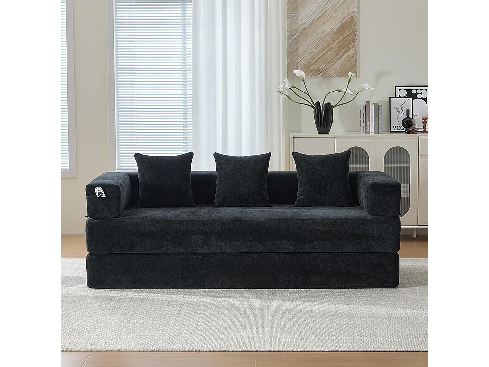 Canapé 2 Places en chenille avec 3 coussins, Poches latérales, Canapé lit convertible multifonctionnel, DIY libre, Noir