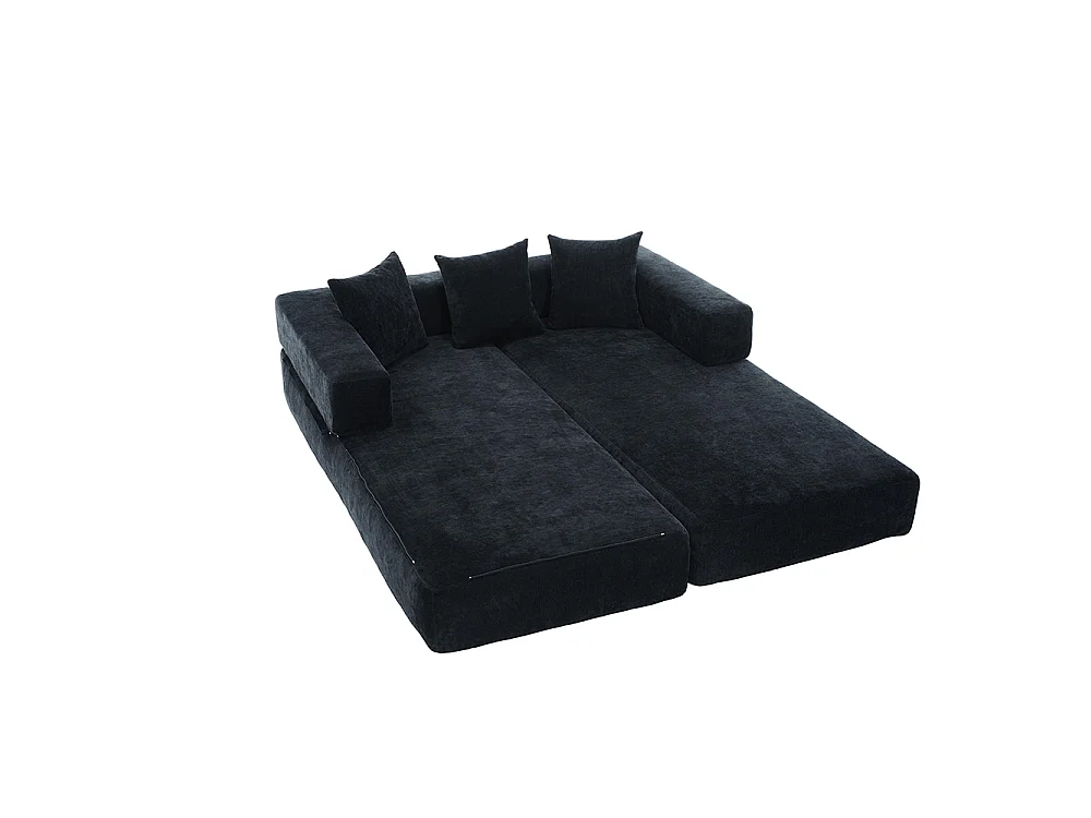Canapé 2 Places en chenille avec 3 coussins, Poches latérales, Canapé lit convertible multifonctionnel, DIY libre, Noir