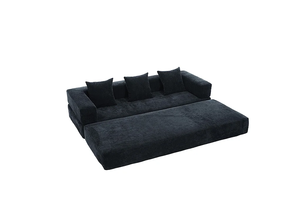 Canapé 2 Places en chenille avec 3 coussins, Poches latérales, Canapé lit convertible multifonctionnel, DIY libre, Noir