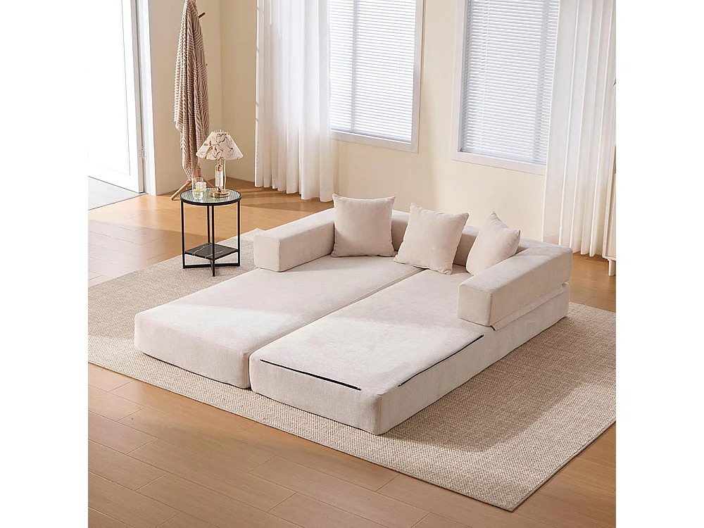 Canapé 2 Places en chenille avec 3 coussins, Poches latérales, Canapé lit convertible multifonctionnel, DIY libre, Beige