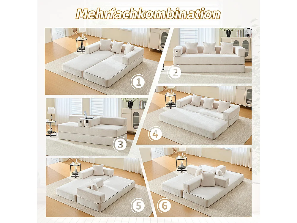 Canapé 2 Places en chenille avec 3 coussins, Poches latérales, Canapé lit convertible multifonctionnel, DIY libre, Beige