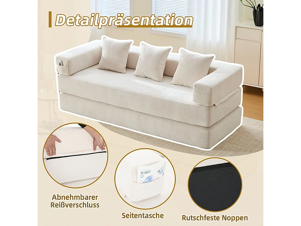 Canapé 2 Places en chenille avec 3 coussins, Poches latérales, Canapé lit convertible multifonctionnel, DIY libre, Beige