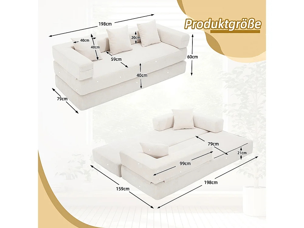 Canapé 2 Places en chenille avec 3 coussins, Poches latérales, Canapé lit convertible multifonctionnel, DIY libre, Beige