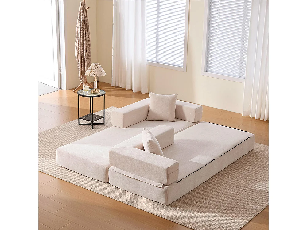 Canapé 2 Places en chenille avec 3 coussins, Poches latérales, Canapé lit convertible multifonctionnel, DIY libre, Beige