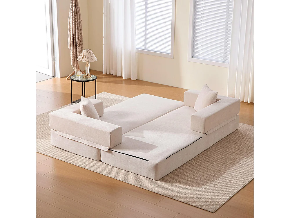 Canapé 2 Places en chenille avec 3 coussins, Poches latérales, Canapé lit convertible multifonctionnel, DIY libre, Beige