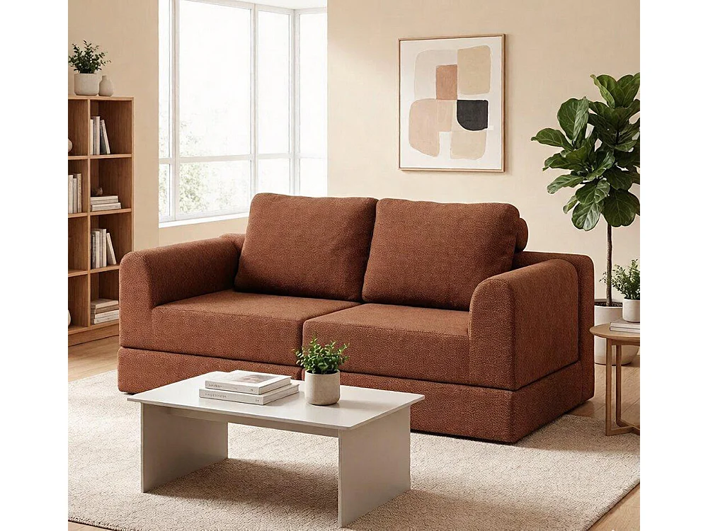 Canapé convertible 2 places avec coussin, Canapé-lit avec accoudoirs, Fauteuil convertible, Tissu flanelle, pour salon et chambre à coucher, Marron