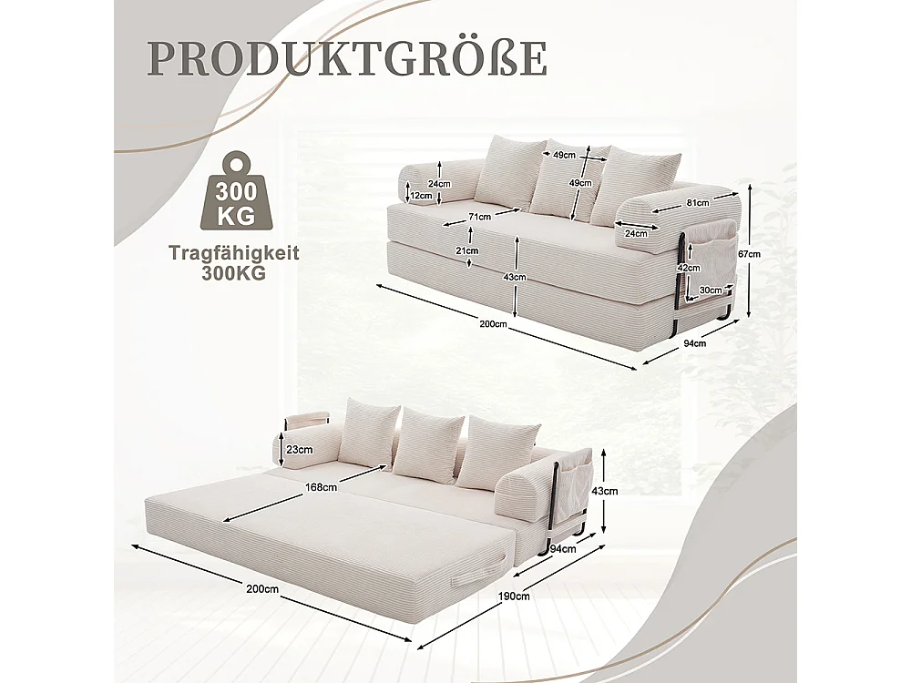Canapé 2 places en velours côtelé, Canapé lit convertible, Poches latérales et 3 coussins, DIY libre, Structure métal, Beige
