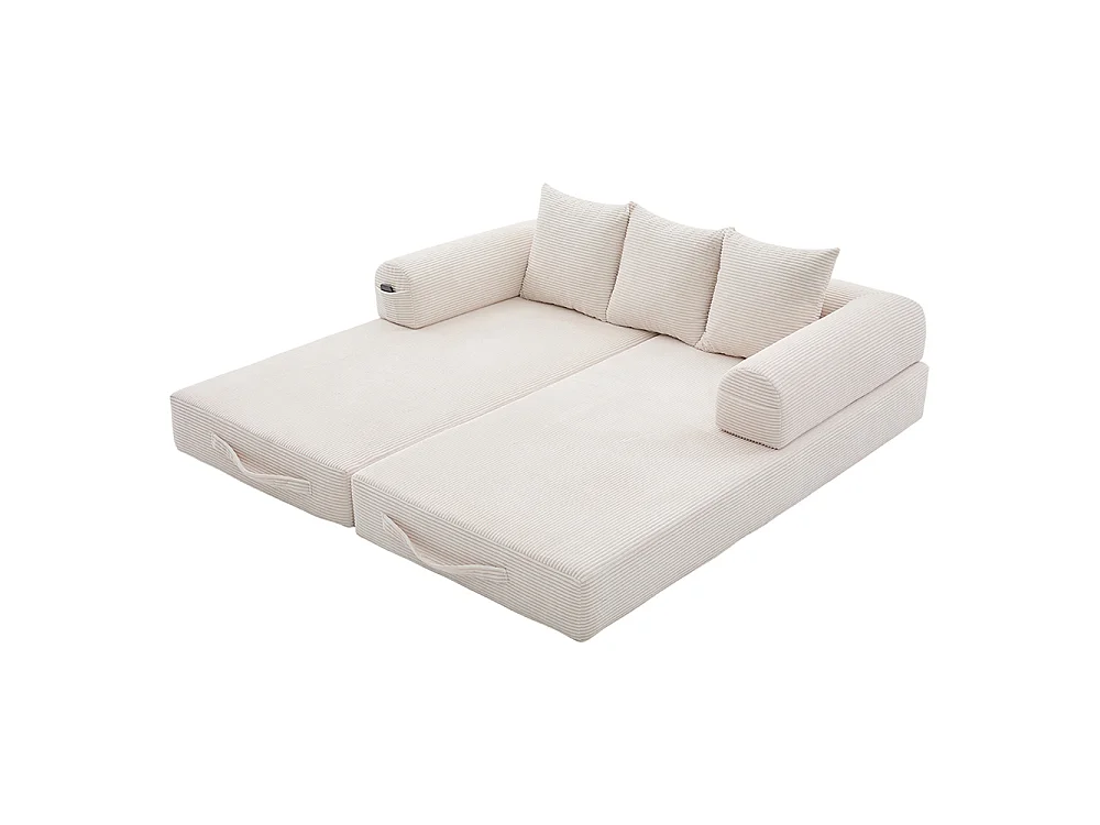 Canapé 2 places en velours côtelé, Canapé lit convertible, Poches latérales et 3 coussins, DIY libre, Structure métal, Beige