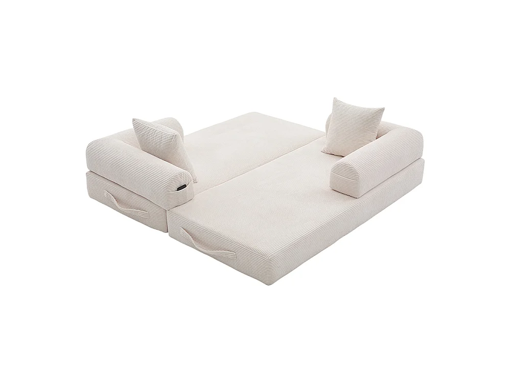 Canapé 2 places en velours côtelé, Canapé lit convertible, Poches latérales et 3 coussins, DIY libre, Structure métal, Beige