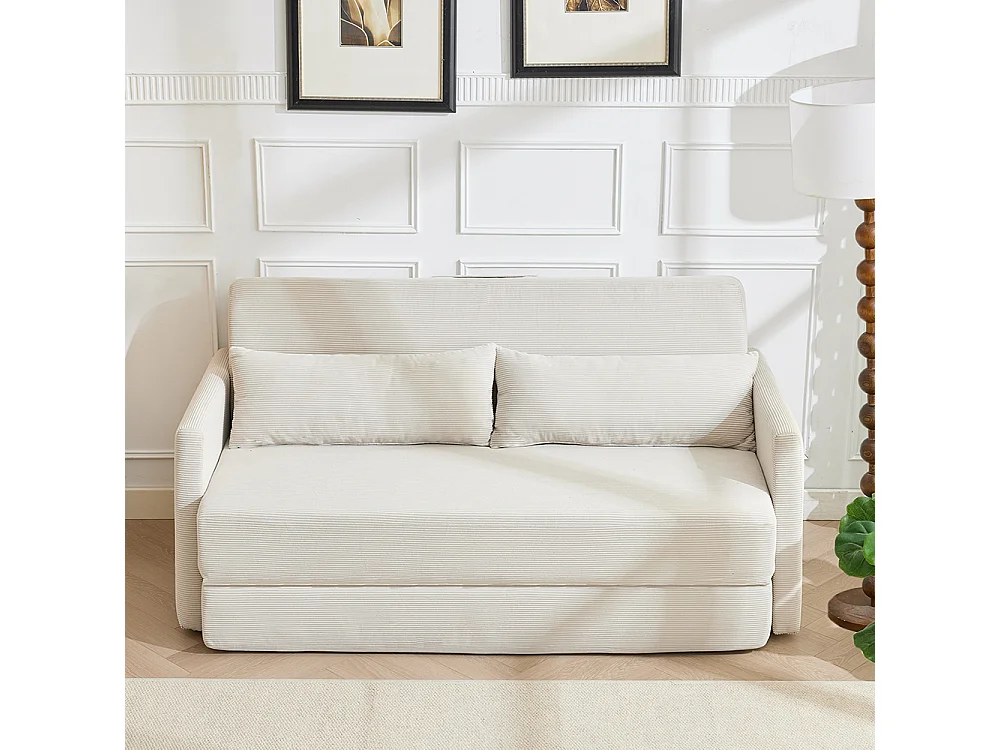 Canapé convertible 2 places en velours côtelé, Canapé-lit avec poche de rangement latérale et deux coussins, 165 x 92 x 82 cm, beige