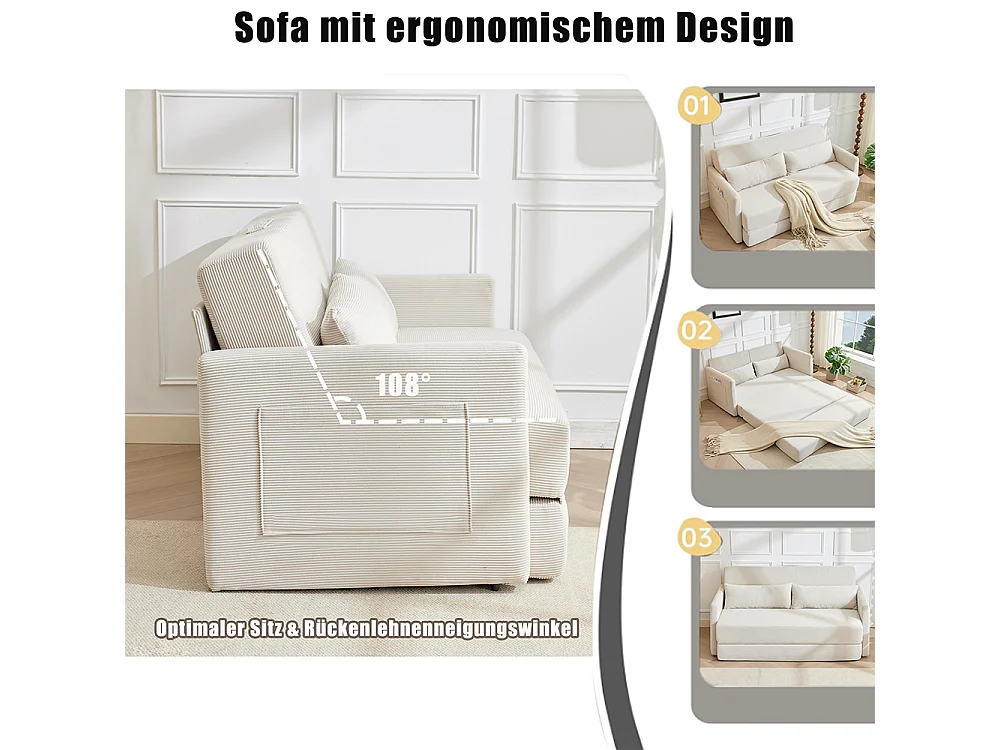 Canapé convertible 2 places en velours côtelé, Canapé-lit avec poche de rangement latérale et deux coussins, 165 x 92 x 82 cm, beige
