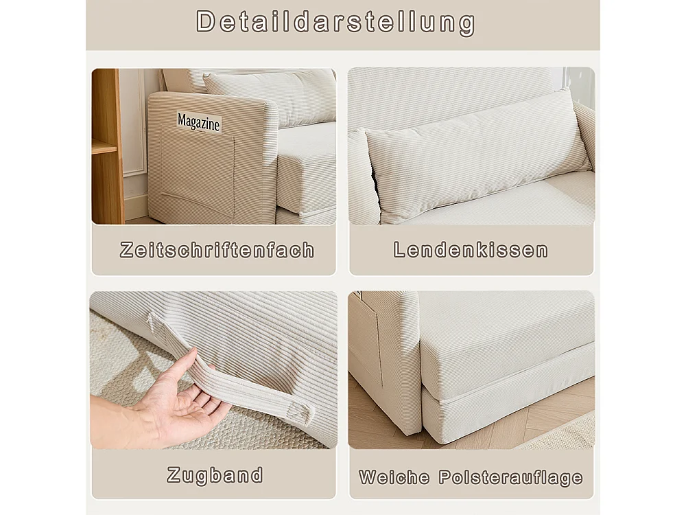 Canapé convertible 2 places en velours côtelé, Canapé-lit avec poche de rangement latérale et deux coussins, 165 x 92 x 82 cm, beige