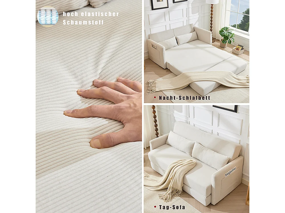 Canapé convertible 2 places en velours côtelé, Canapé-lit avec poche de rangement latérale et deux coussins, 165 x 92 x 82 cm, beige