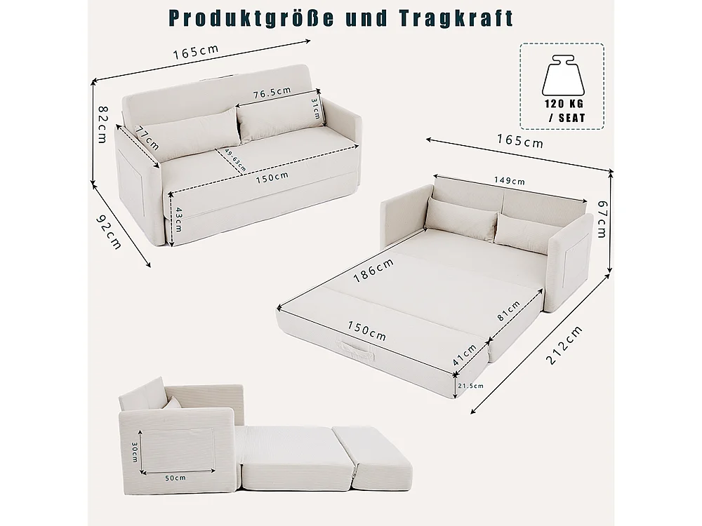 Canapé convertible 2 places en velours côtelé, Canapé-lit avec poche de rangement latérale et deux coussins, 165 x 92 x 82 cm, beige