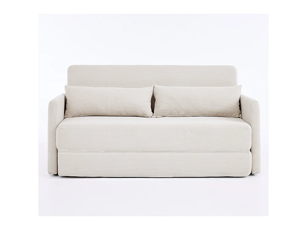Canapé convertible 2 places en velours côtelé, Canapé-lit avec poche de rangement latérale et deux coussins, 165 x 92 x 82 cm, beige