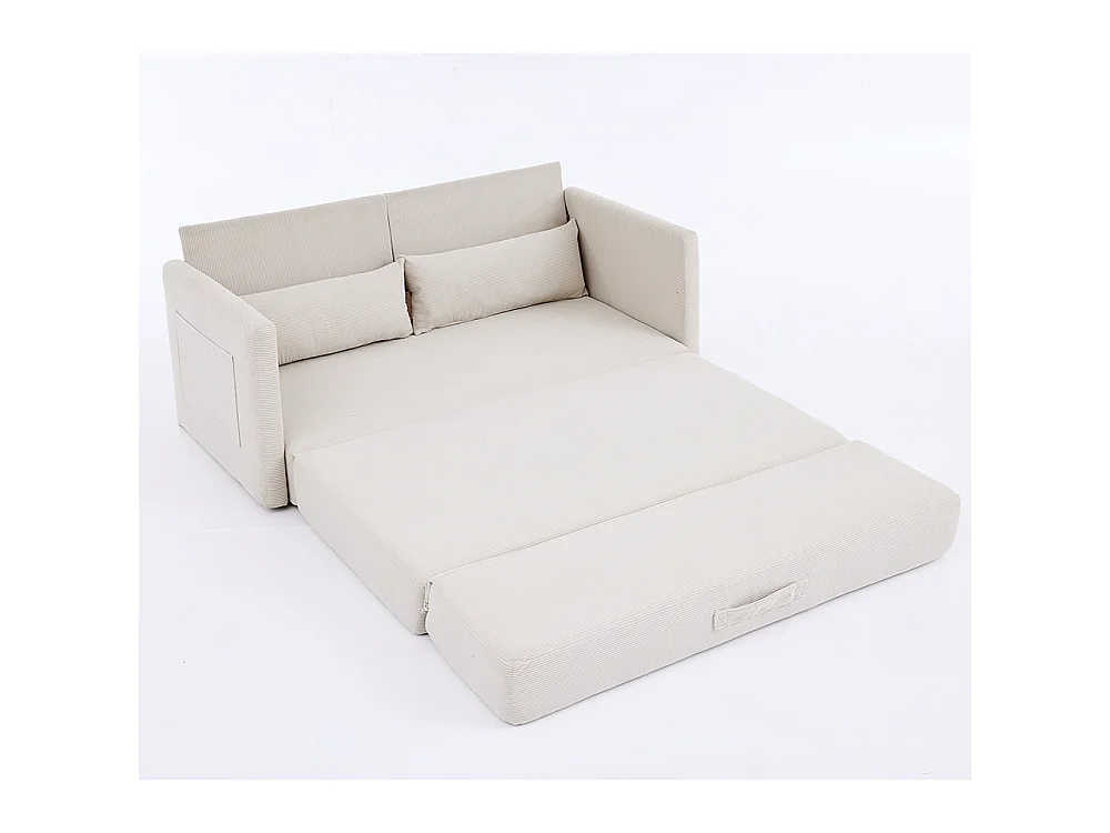 Canapé convertible 2 places en velours côtelé, Canapé-lit avec poche de rangement latérale et deux coussins, 165 x 92 x 82 cm, beige