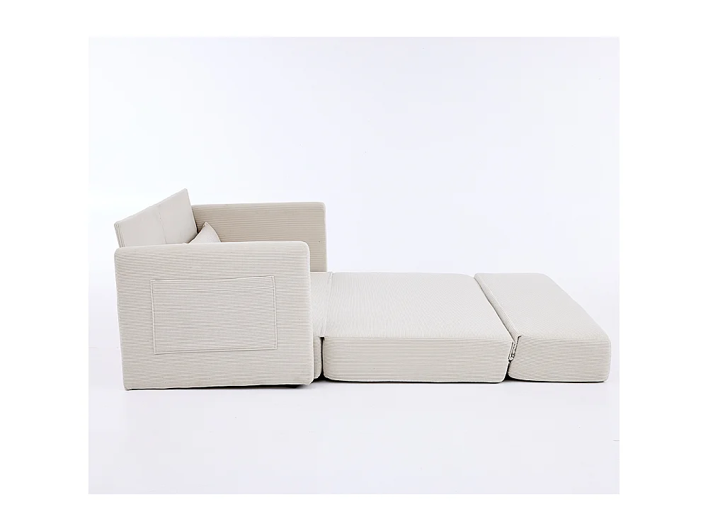 Canapé convertible 2 places en velours côtelé, Canapé-lit avec poche de rangement latérale et deux coussins, 165 x 92 x 82 cm, beige