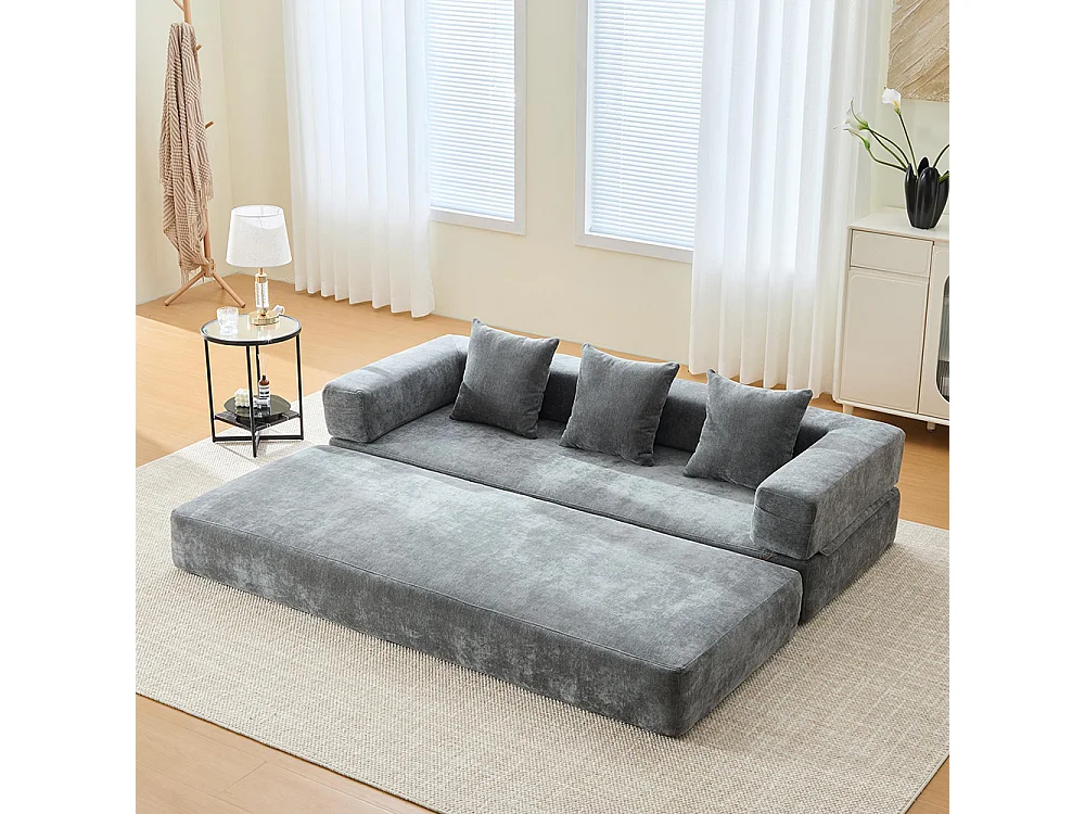 Canapé 2 Places en chenille avec 3 coussins, Poches latérales, Canapé lit convertible multifonctionnel, DIY libre, Gris