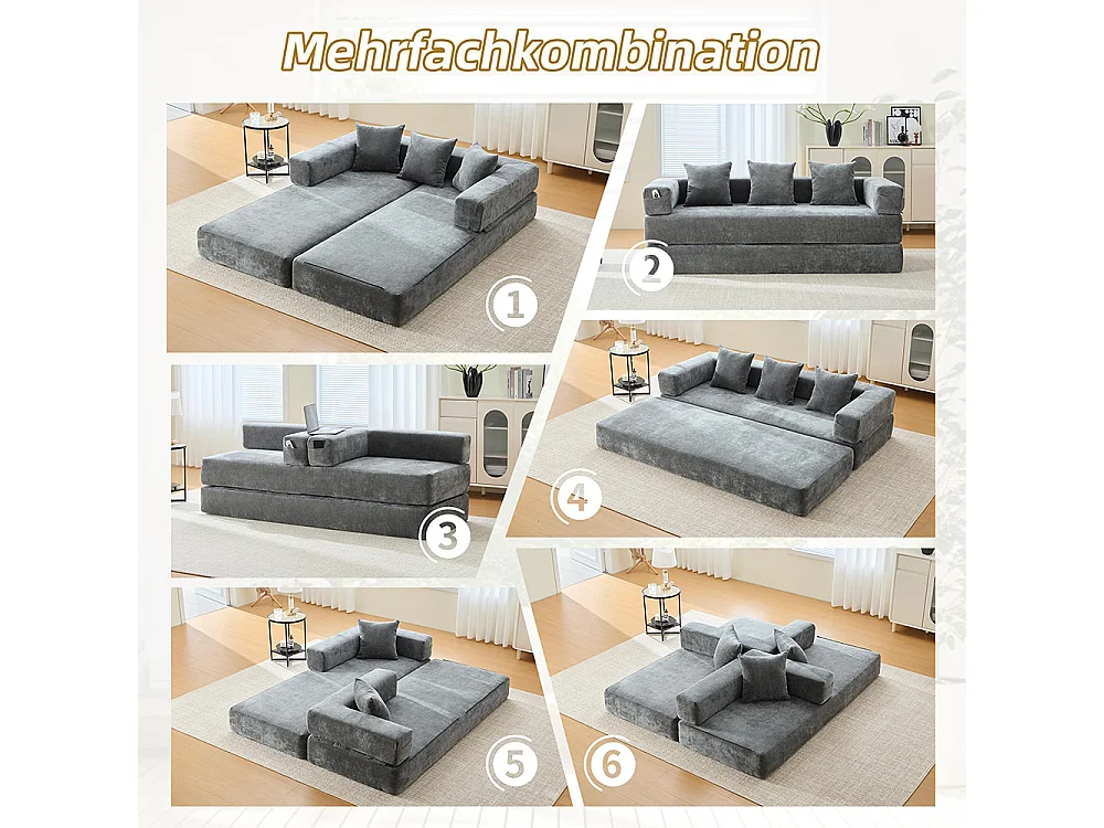 Canapé 2 Places en chenille avec 3 coussins, Poches latérales, Canapé lit convertible multifonctionnel, DIY libre, Gris