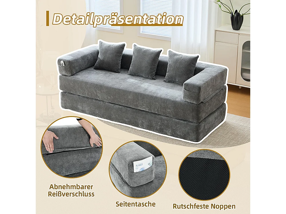 Canapé 2 Places en chenille avec 3 coussins, Poches latérales, Canapé lit convertible multifonctionnel, DIY libre, Gris