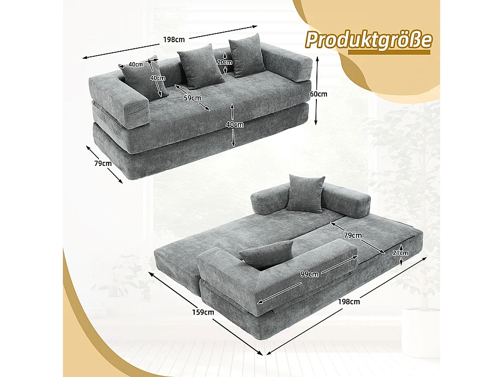 Canapé 2 Places en chenille avec 3 coussins, Poches latérales, Canapé lit convertible multifonctionnel, DIY libre, Gris