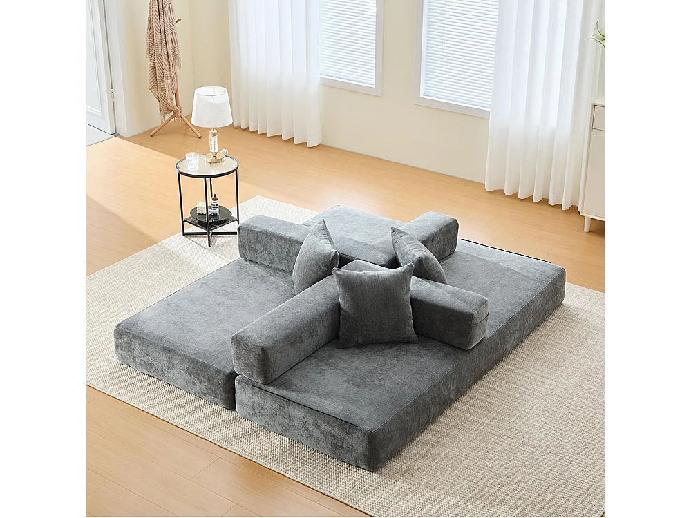 Canapé 2 Places en chenille avec 3 coussins, Poches latérales, Canapé lit convertible multifonctionnel, DIY libre, Gris