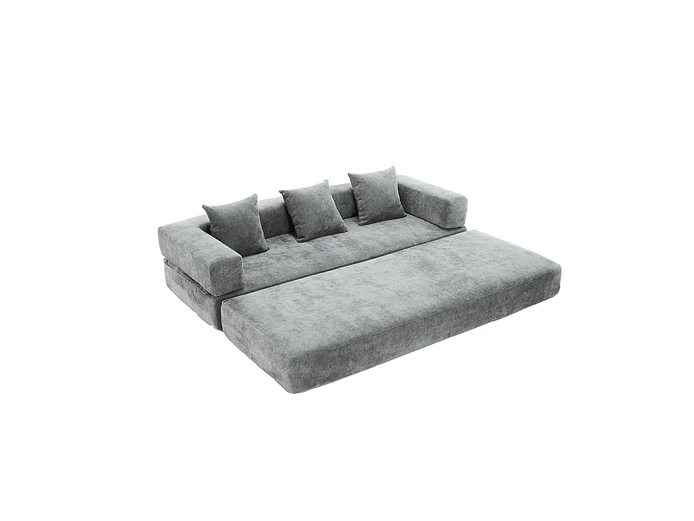 Canapé 2 Places en chenille avec 3 coussins, Poches latérales, Canapé lit convertible multifonctionnel, DIY libre, Gris