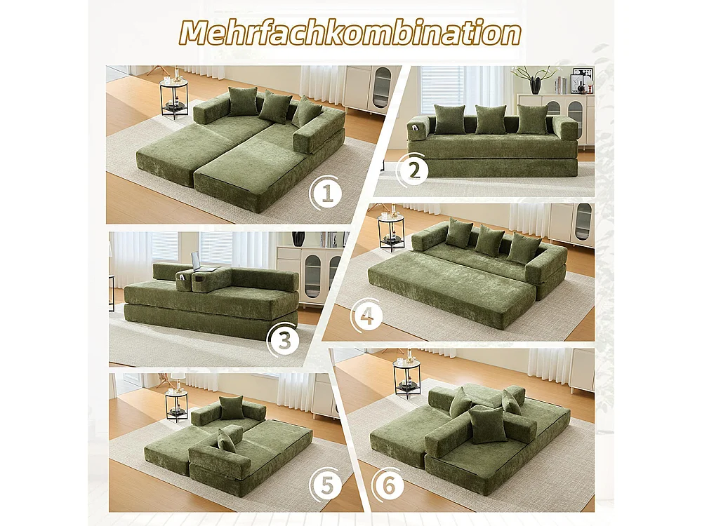 Canapé 2 Places en chenille avec 3 coussins, Poches latérales, Canapé lit convertible multifonctionnel, DIY libre, Vert