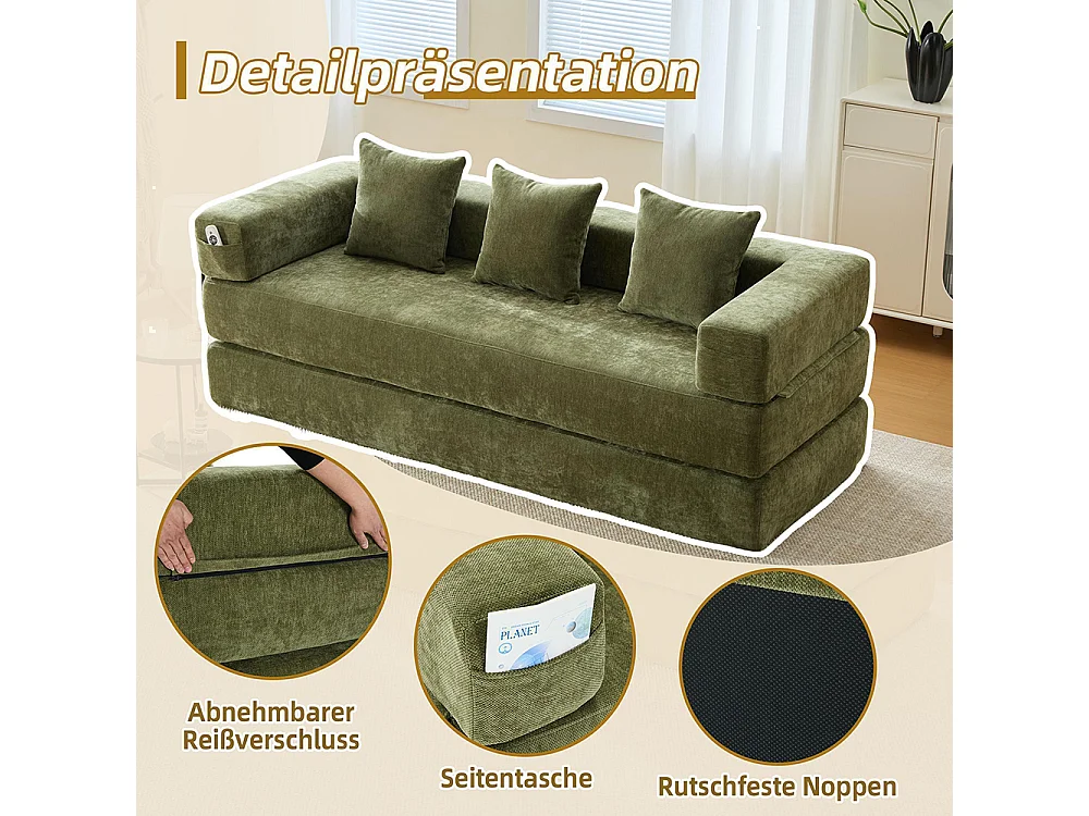 Canapé 2 Places en chenille avec 3 coussins, Poches latérales, Canapé lit convertible multifonctionnel, DIY libre, Vert