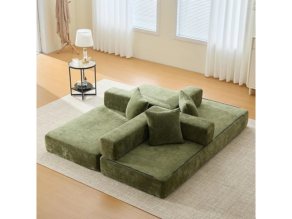 Canapé 2 Places en chenille avec 3 coussins, Poches latérales, Canapé lit convertible multifonctionnel, DIY libre, Vert