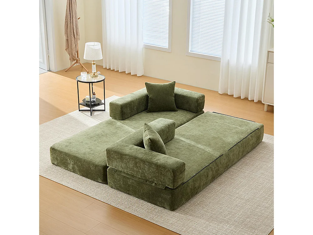 Canapé 2 Places en chenille avec 3 coussins, Poches latérales, Canapé lit convertible multifonctionnel, DIY libre, Vert