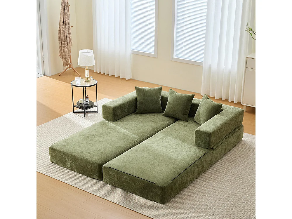 Canapé 2 Places en chenille avec 3 coussins, Poches latérales, Canapé lit convertible multifonctionnel, DIY libre, Vert
