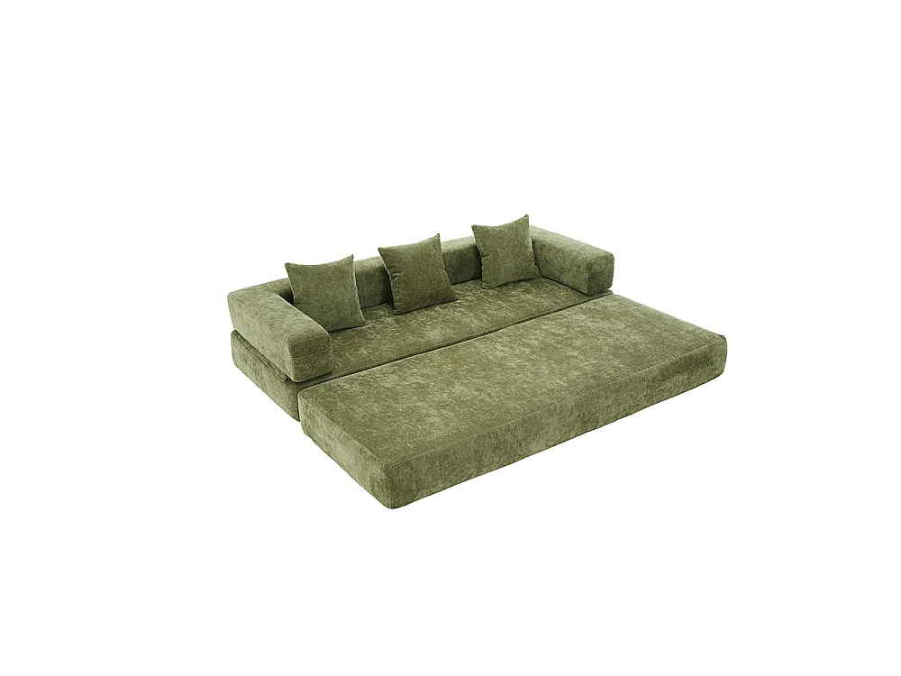 Canapé 2 Places en chenille avec 3 coussins, Poches latérales, Canapé lit convertible multifonctionnel, DIY libre, Vert