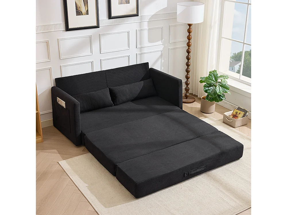 Canapé convertible 2 places en velours côtelé, Canapé-lit avec poche de rangement latérale et deux coussins, 165 x 92 x 82 cm, noir