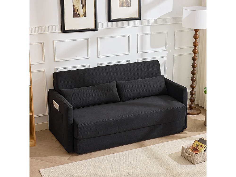 Canapé convertible 2 places en velours côtelé, Canapé-lit avec poche de rangement latérale et deux coussins, 165 x 92 x 82 cm, noir