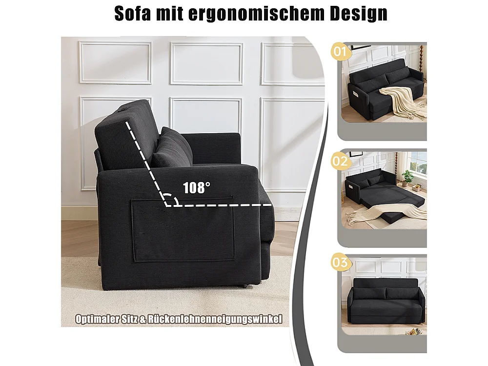 Canapé convertible 2 places en velours côtelé, Canapé-lit avec poche de rangement latérale et deux coussins, 165 x 92 x 82 cm, noir