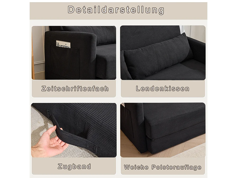 Canapé convertible 2 places en velours côtelé, Canapé-lit avec poche de rangement latérale et deux coussins, 165 x 92 x 82 cm, noir