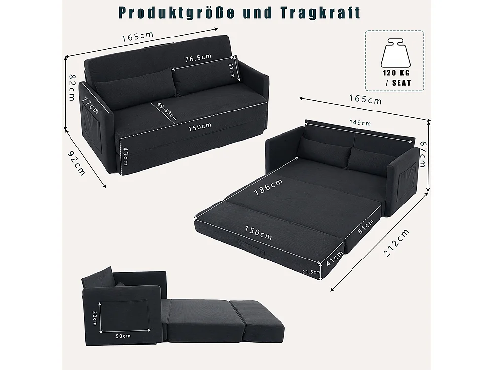 Canapé convertible 2 places en velours côtelé, Canapé-lit avec poche de rangement latérale et deux coussins, 165 x 92 x 82 cm, noir