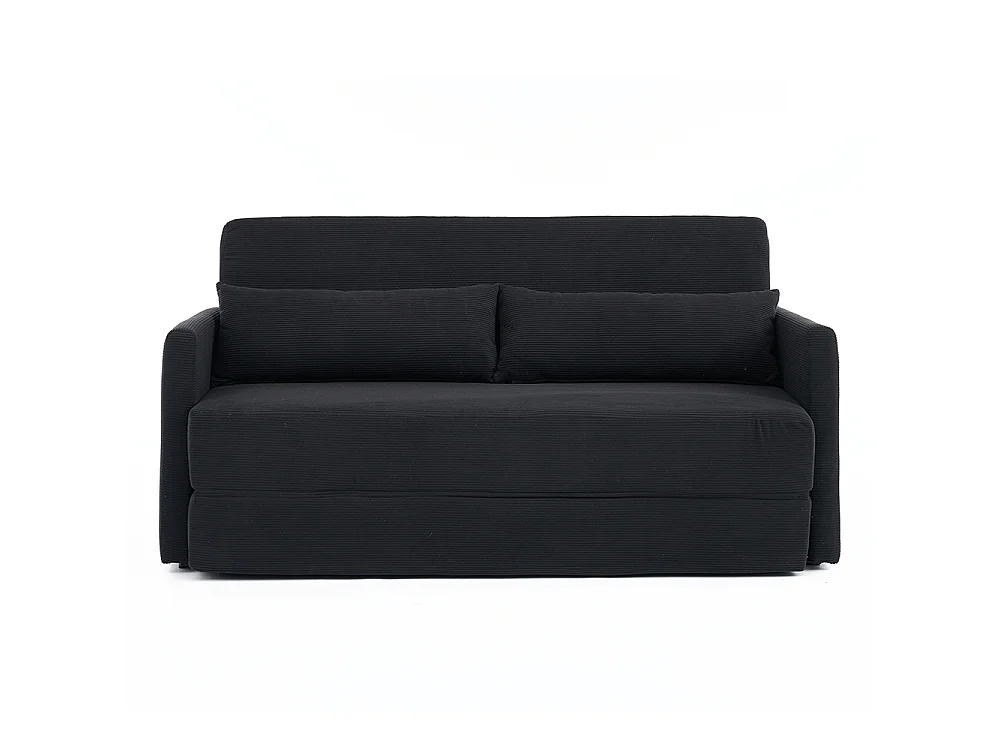 Canapé convertible 2 places en velours côtelé, Canapé-lit avec poche de rangement latérale et deux coussins, 165 x 92 x 82 cm, noir