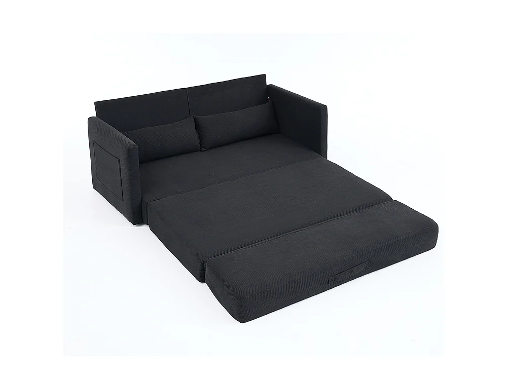 Canapé convertible 2 places en velours côtelé, Canapé-lit avec poche de rangement latérale et deux coussins, 165 x 92 x 82 cm, noir