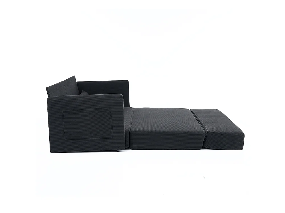 Canapé convertible 2 places en velours côtelé, Canapé-lit avec poche de rangement latérale et deux coussins, 165 x 92 x 82 cm, noir