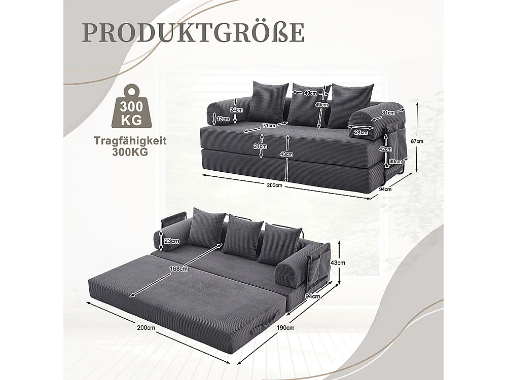 Canapé 2 places en velours côtelé, Canapé lit convertible, Poches latérales et 3 coussins, DIY libre, Structure métal, Gris foncé