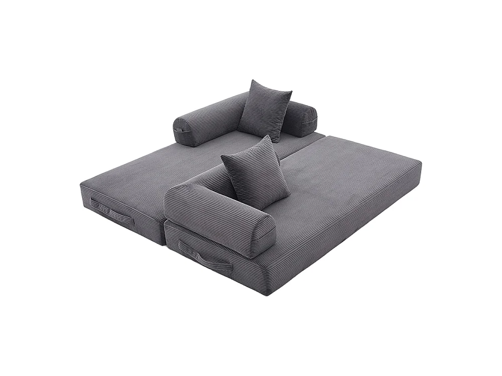 Canapé 2 places en velours côtelé, Canapé lit convertible, Poches latérales et 3 coussins, DIY libre, Structure métal, Gris foncé