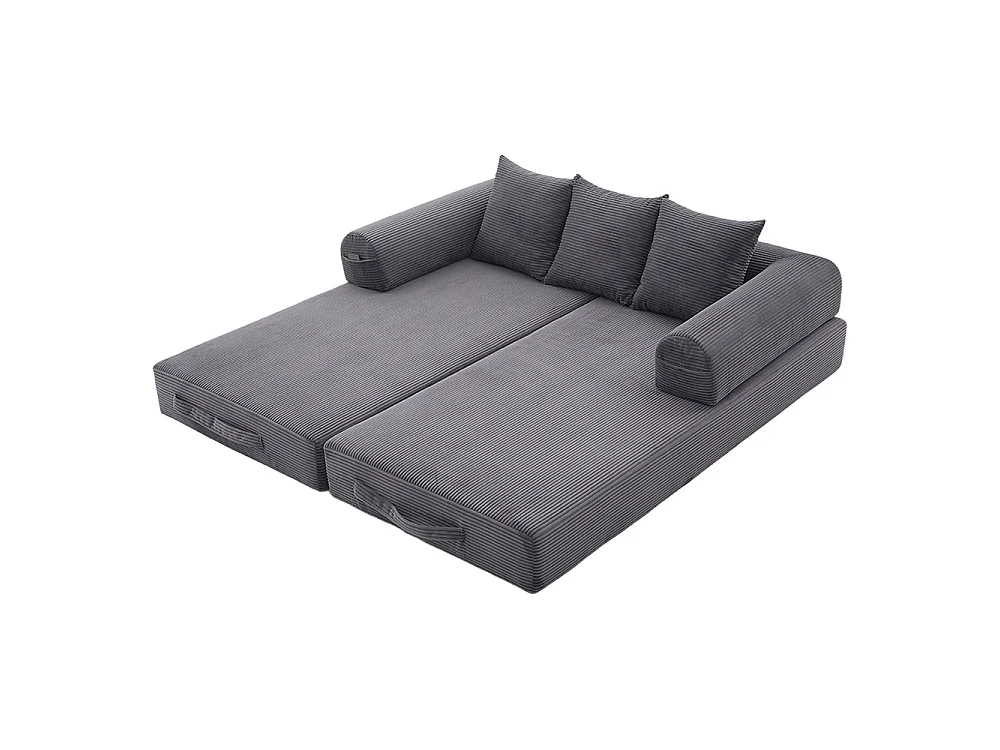 Canapé 2 places en velours côtelé, Canapé lit convertible, Poches latérales et 3 coussins, DIY libre, Structure métal, Gris foncé