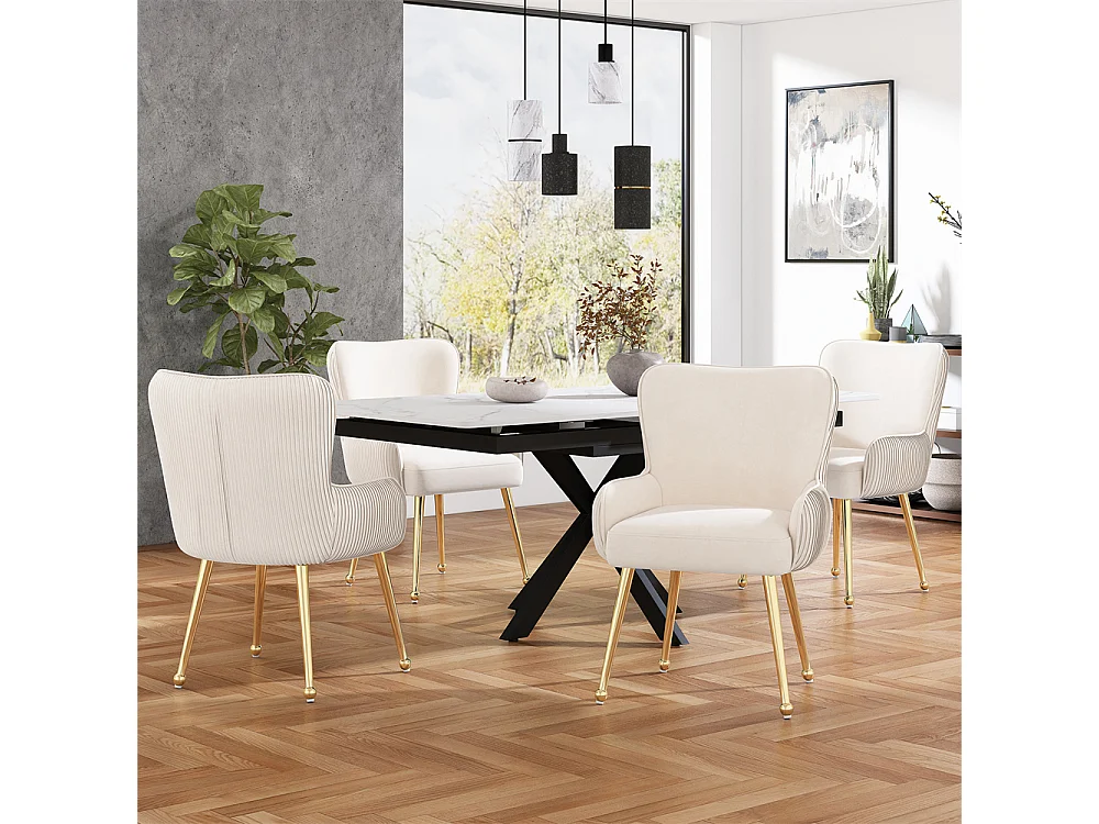 Lot de 4 Chaises de Salle à Manger avec Dossier et Accoudoir, Chaise de Salon Assise en Velours et Pieds en Métal Doré, Beige