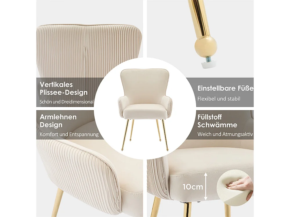 Lot de 4 Chaises de Salle à Manger avec Dossier et Accoudoir, Chaise de Salon Assise en Velours et Pieds en Métal Doré, Beige