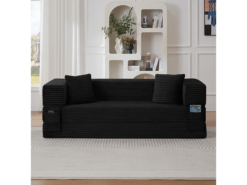 Canapé convertible 3 places en velours côtelé, Canapé lit avec poches latérales et 2 coussins, design carré classique, pour salon, chambre, Noir