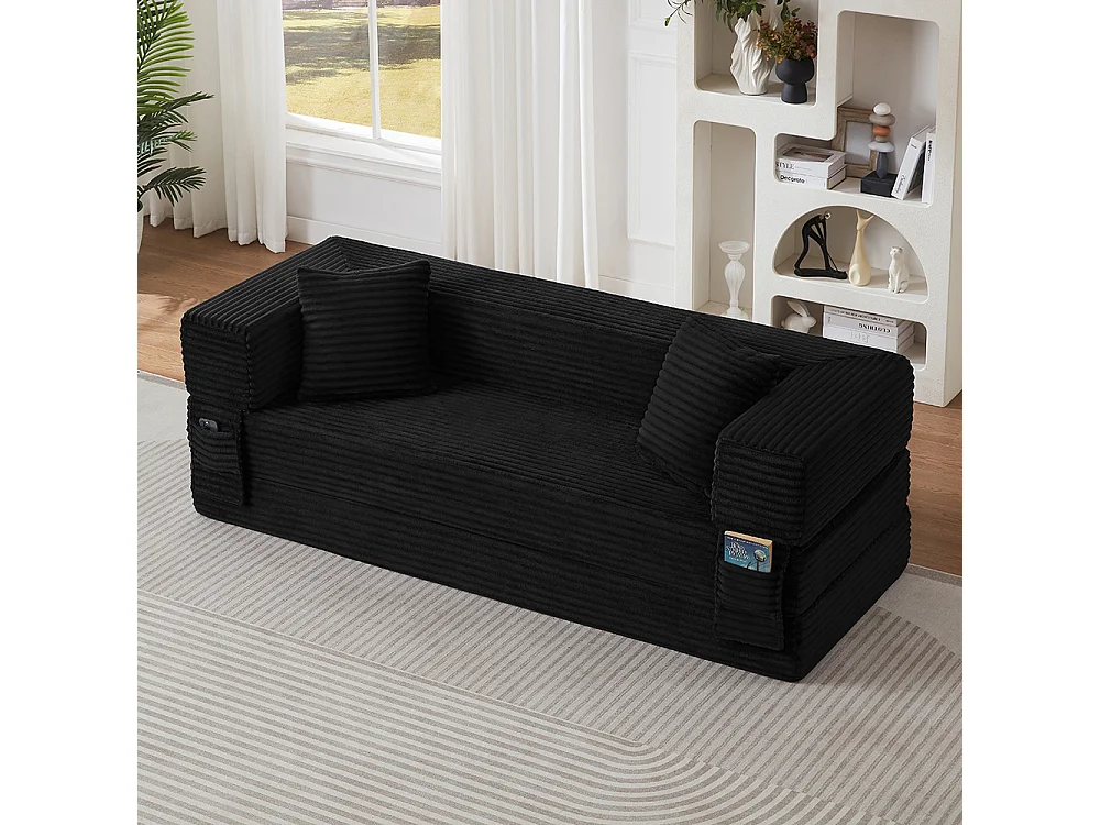 Canapé convertible 3 places en velours côtelé, Canapé lit avec poches latérales et 2 coussins, design carré classique, pour salon, chambre, Noir