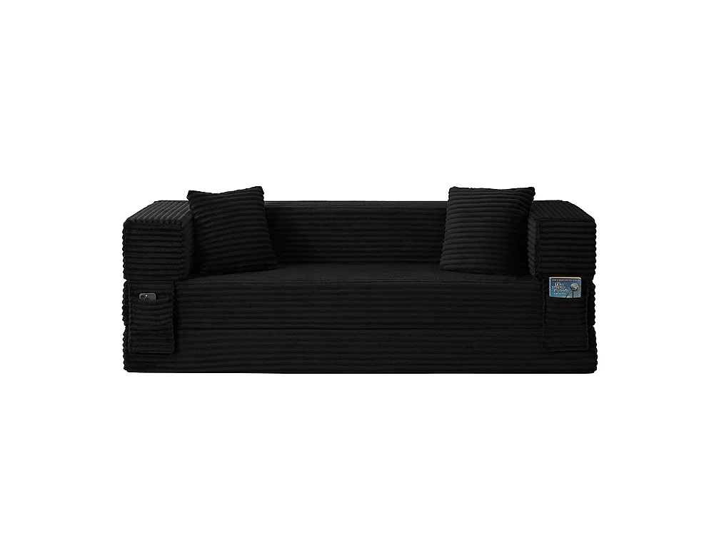 Canapé convertible 3 places en velours côtelé, Canapé lit avec poches latérales et 2 coussins, design carré classique, pour salon, chambre, Noir