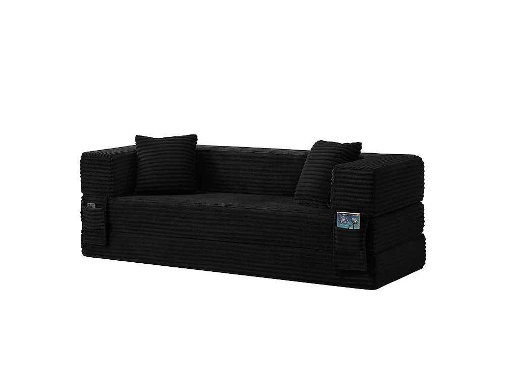 Canapé convertible 3 places en velours côtelé, Canapé lit avec poches latérales et 2 coussins, design carré classique, pour salon, chambre, Noir